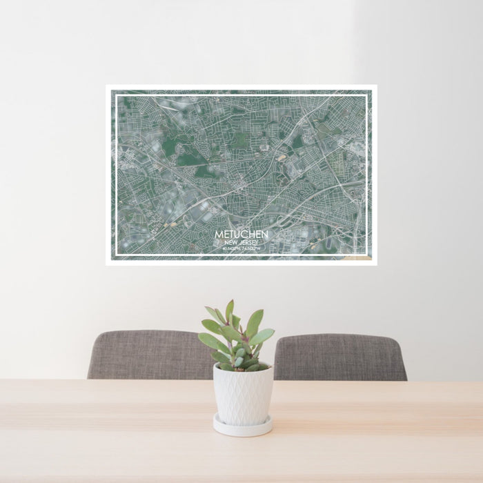 24x36 Metuchen New Jersey Map Print Lanscape Orientation in Afternoon Style Behind 2 Chairs Table and Potted Plant