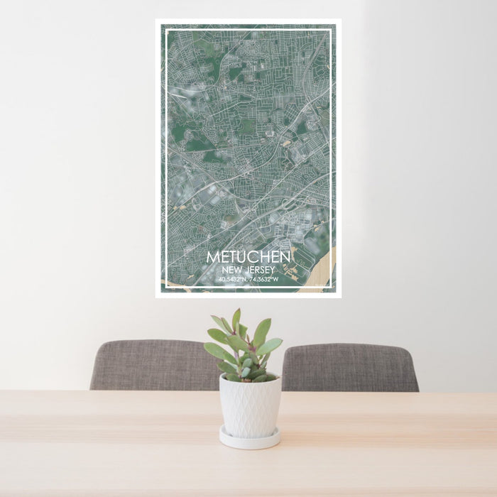 24x36 Metuchen New Jersey Map Print Portrait Orientation in Afternoon Style Behind 2 Chairs Table and Potted Plant