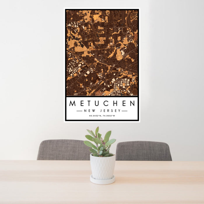 24x36 Metuchen New Jersey Map Print Portrait Orientation in Ember Style Behind 2 Chairs Table and Potted Plant