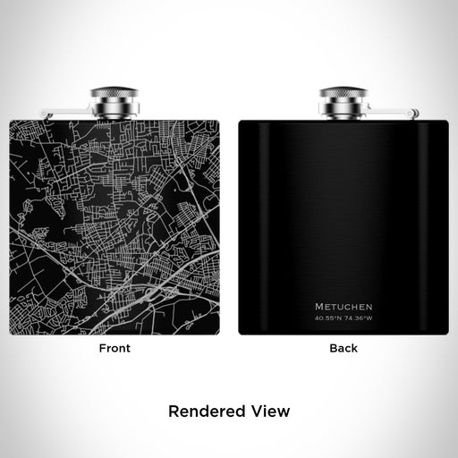 Rendered View of Metuchen New Jersey Map Engraving on 6oz Stainless Steel Flask in Black