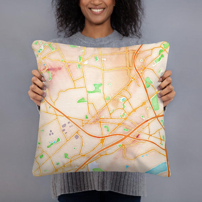 Person holding 18x18 Custom Metuchen New Jersey Map Throw Pillow in Watercolor