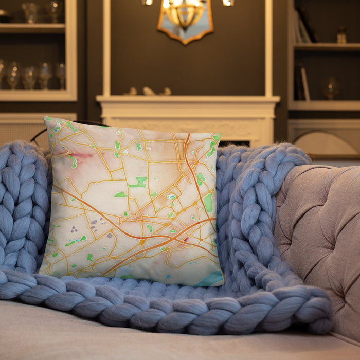 Custom Metuchen New Jersey Map Throw Pillow in Watercolor on Cream Colored Couch