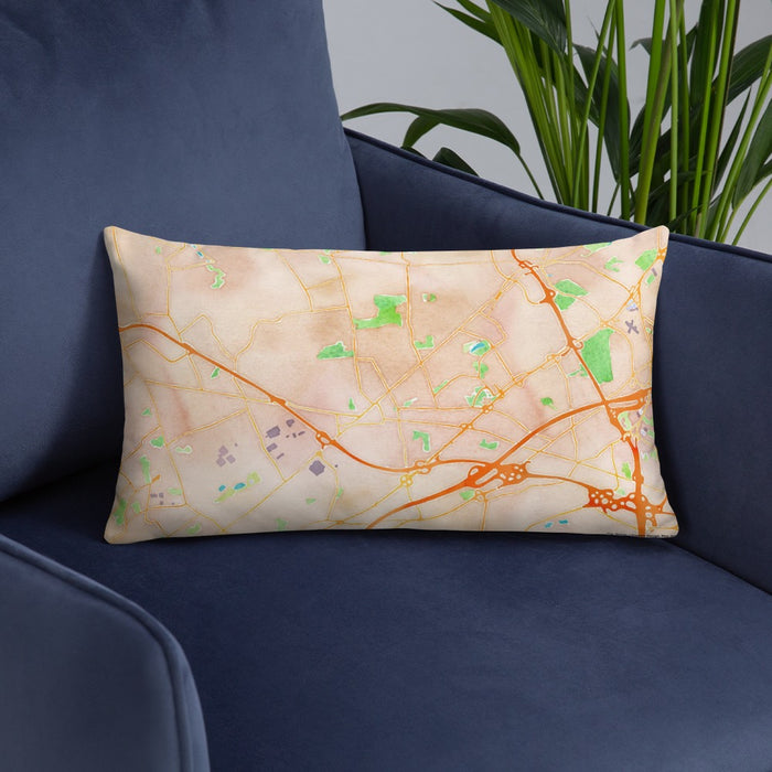 Custom Metuchen New Jersey Map Throw Pillow in Watercolor on Blue Colored Chair