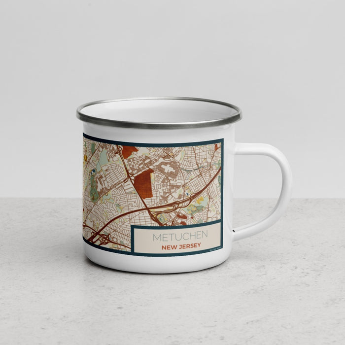 Right View Custom Metuchen New Jersey Map Enamel Mug in Woodblock