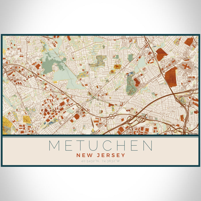 Metuchen New Jersey Map Print Landscape Orientation in Woodblock Style With Shaded Background