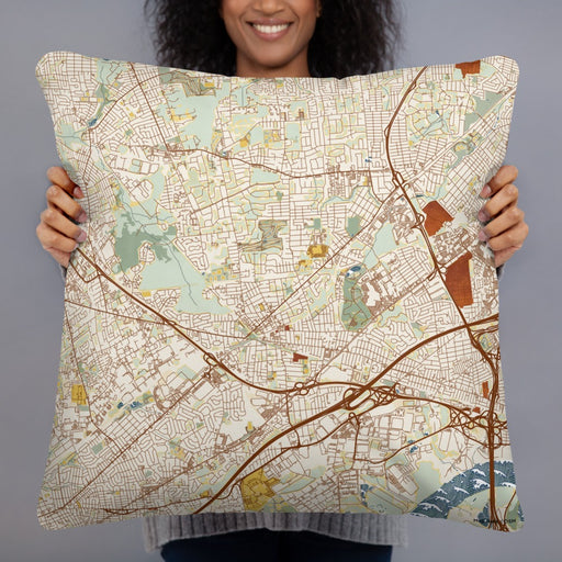 Person holding 22x22 Custom Metuchen New Jersey Map Throw Pillow in Woodblock