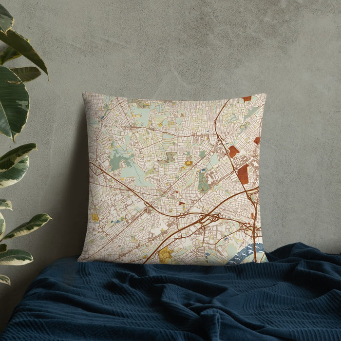 Custom Metuchen New Jersey Map Throw Pillow in Woodblock on Bedding Against Wall