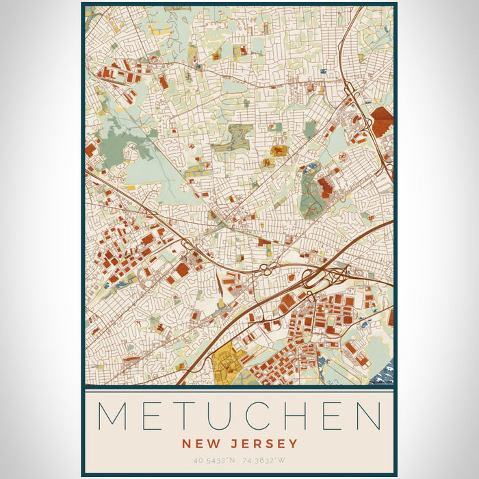 Metuchen New Jersey Map Print Portrait Orientation in Woodblock Style With Shaded Background