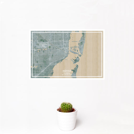 12x18 Miami Florida Map Print Landscape Orientation in Afternoon Style With Small Cactus Plant in White Planter