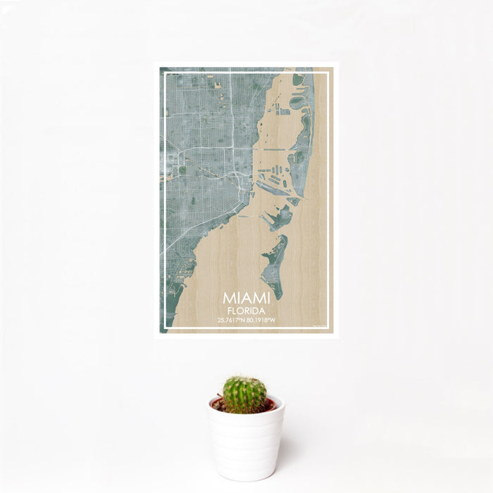 12x18 Miami Florida Map Print Portrait Orientation in Afternoon Style With Small Cactus Plant in White Planter