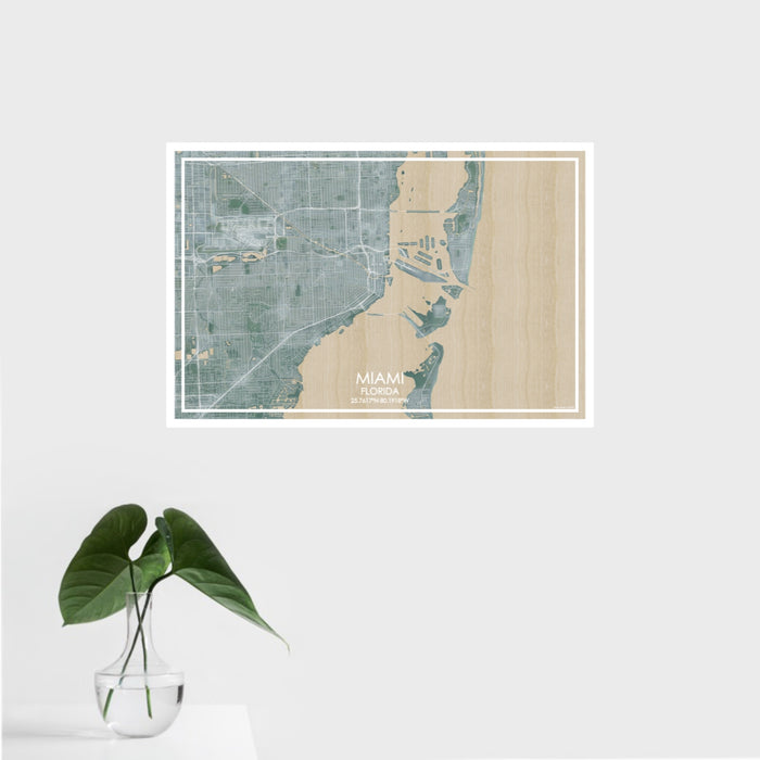 16x24 Miami Florida Map Print Landscape Orientation in Afternoon Style With Tropical Plant Leaves in Water