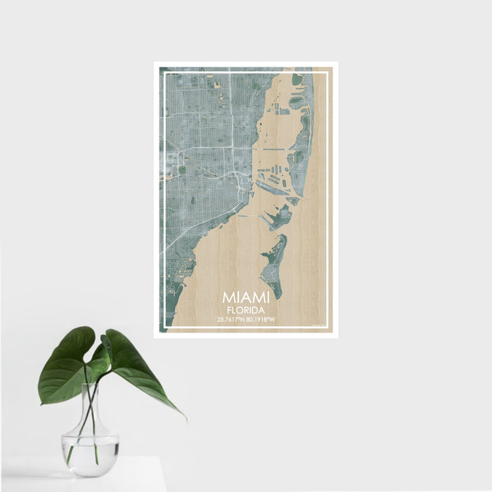 16x24 Miami Florida Map Print Portrait Orientation in Afternoon Style With Tropical Plant Leaves in Water