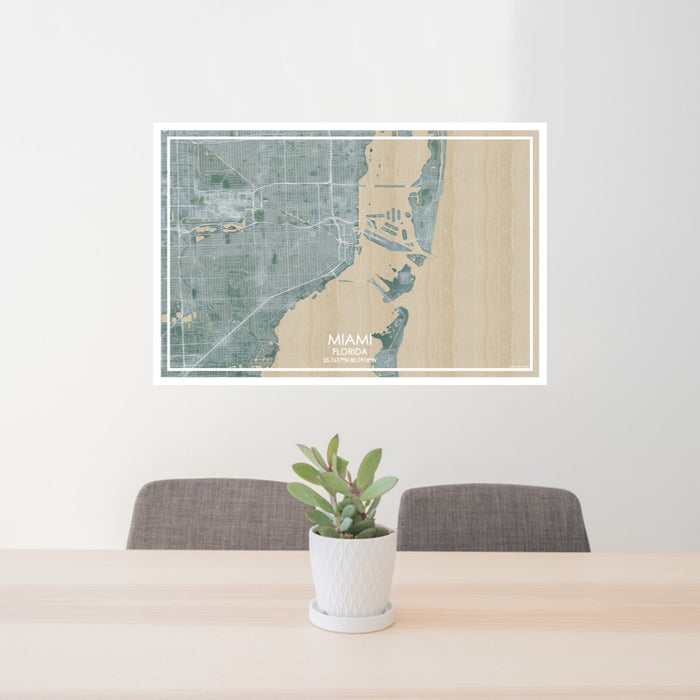24x36 Miami Florida Map Print Lanscape Orientation in Afternoon Style Behind 2 Chairs Table and Potted Plant