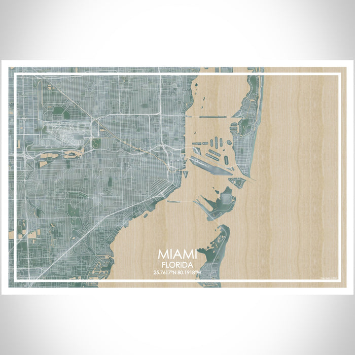 Miami Florida Map Print Landscape Orientation in Afternoon Style With Shaded Background