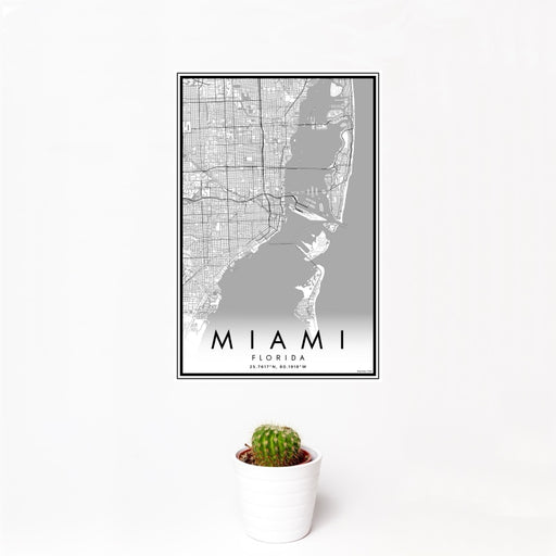 12x18 Miami Florida Map Print Portrait Orientation in Classic Style With Small Cactus Plant in White Planter
