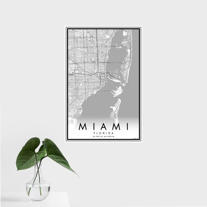 16x24 Miami Florida Map Print Portrait Orientation in Classic Style With Tropical Plant Leaves in Water