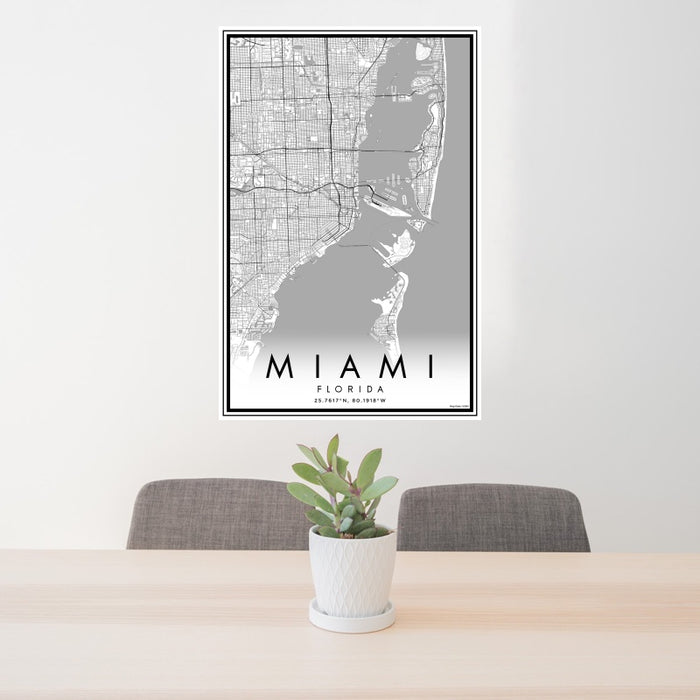 24x36 Miami Florida Map Print Portrait Orientation in Classic Style Behind 2 Chairs Table and Potted Plant