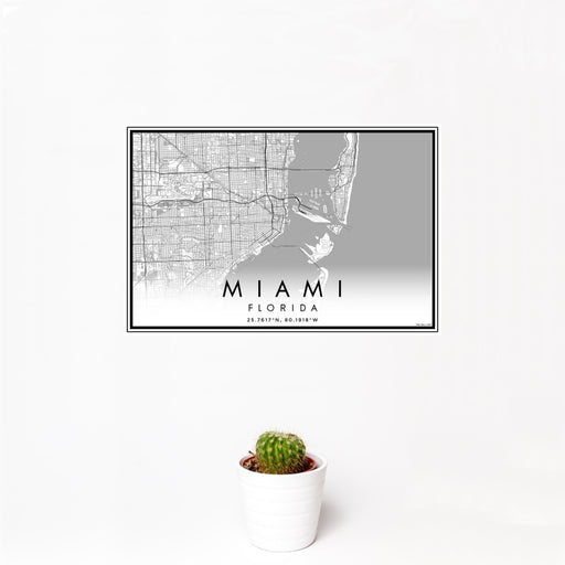 12x18 Miami Florida Map Print Landscape Orientation in Classic Style With Small Cactus Plant in White Planter
