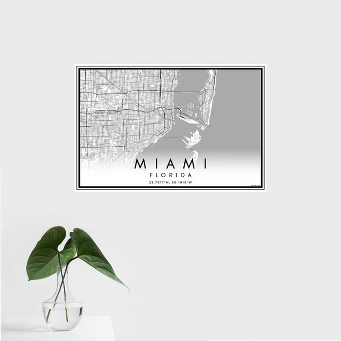 16x24 Miami Florida Map Print Landscape Orientation in Classic Style With Tropical Plant Leaves in Water