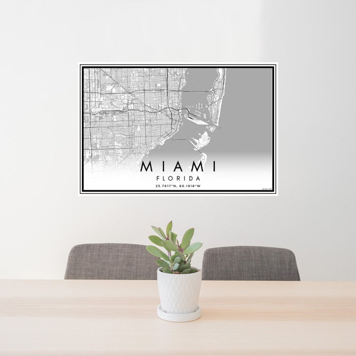 24x36 Miami Florida Map Print Landscape Orientation in Classic Style Behind 2 Chairs Table and Potted Plant