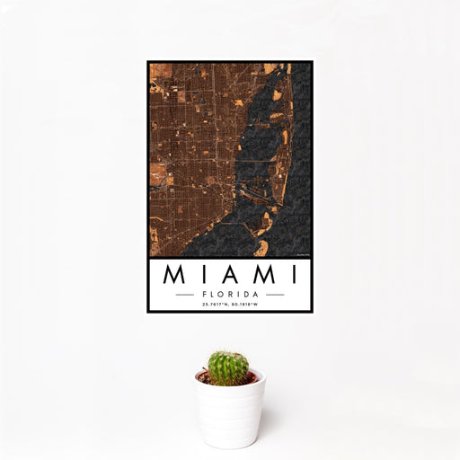 12x18 Miami Florida Map Print Portrait Orientation in Ember Style With Small Cactus Plant in White Planter