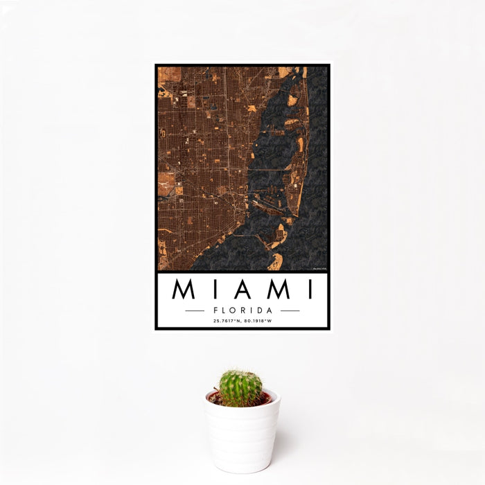 12x18 Miami Florida Map Print Portrait Orientation in Ember Style With Small Cactus Plant in White Planter