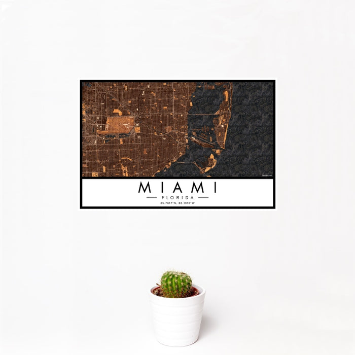 12x18 Miami Florida Map Print Landscape Orientation in Ember Style With Small Cactus Plant in White Planter