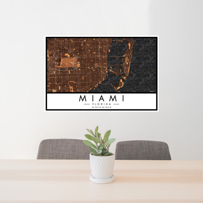 24x36 Miami Florida Map Print Landscape Orientation in Ember Style Behind 2 Chairs Table and Potted Plant