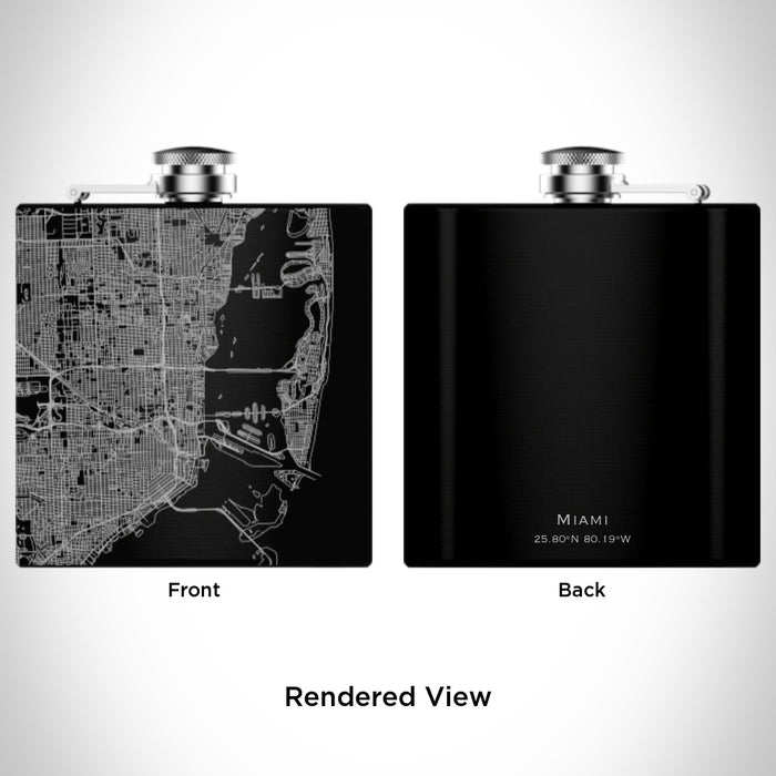 Rendered View of Miami Florida Map Engraving on 6oz Stainless Steel Flask in Black