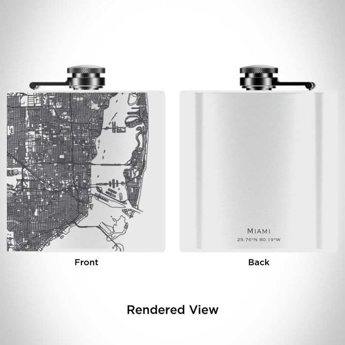 Rendered View of Miami Florida Map Engraving on 6oz Stainless Steel Flask in White