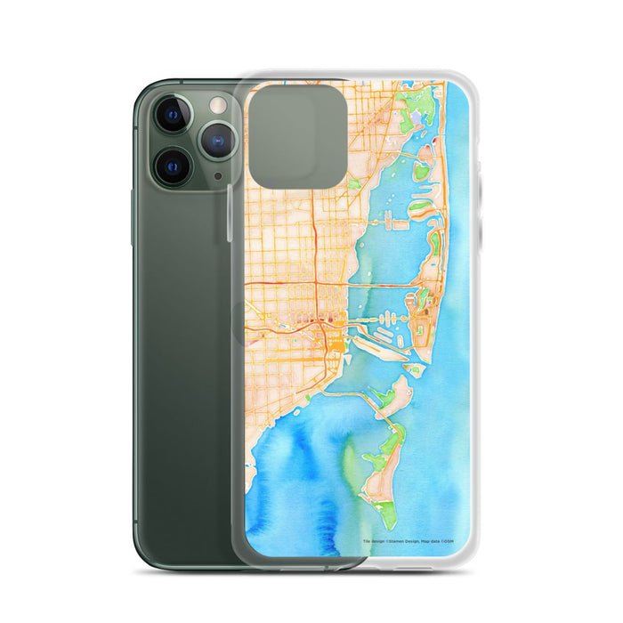 Custom Miami Florida Map Phone Case in Watercolor on Table with Laptop and Plant