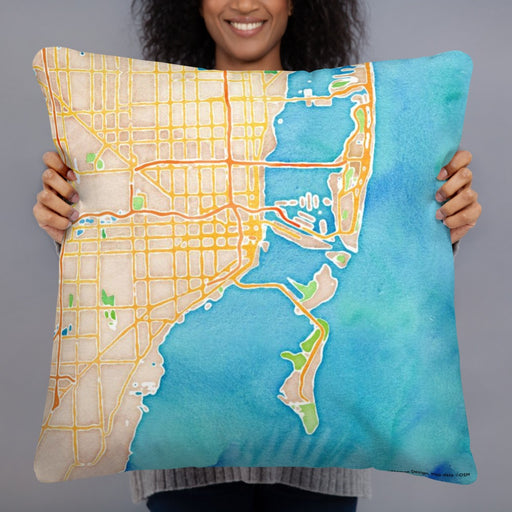 Person holding 22x22 Custom Miami Florida Map Throw Pillow in Watercolor