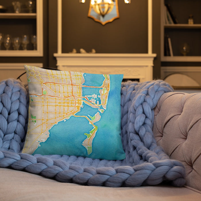 Custom Miami Florida Map Throw Pillow in Watercolor on Cream Colored Couch