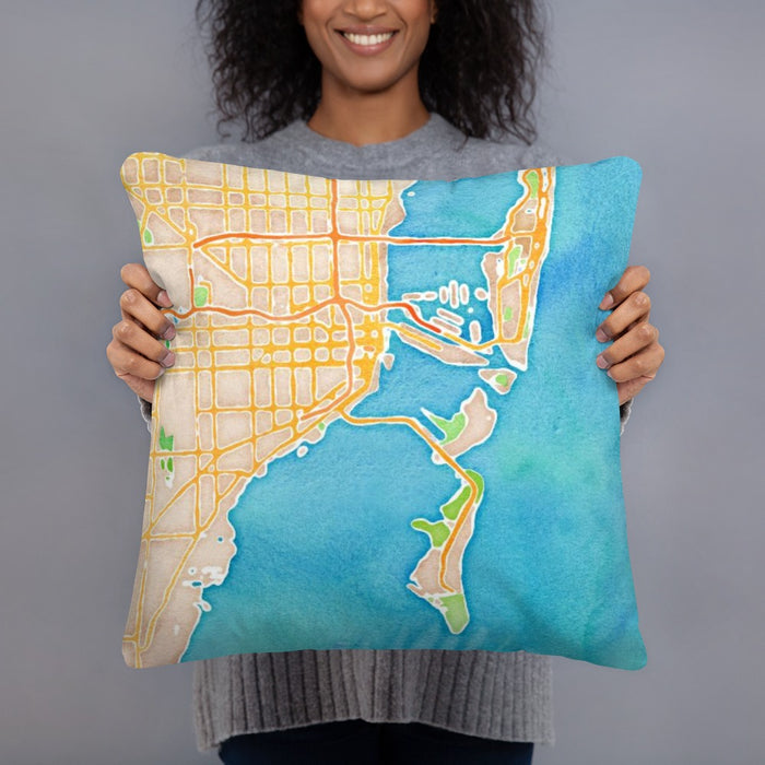 Person holding 18x18 Custom Miami Florida Map Throw Pillow in Watercolor