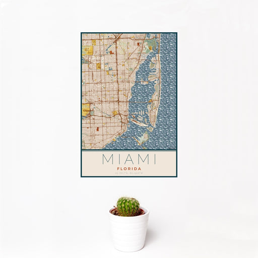 12x18 Miami Florida Map Print Portrait Orientation in Woodblock Style With Small Cactus Plant in White Planter