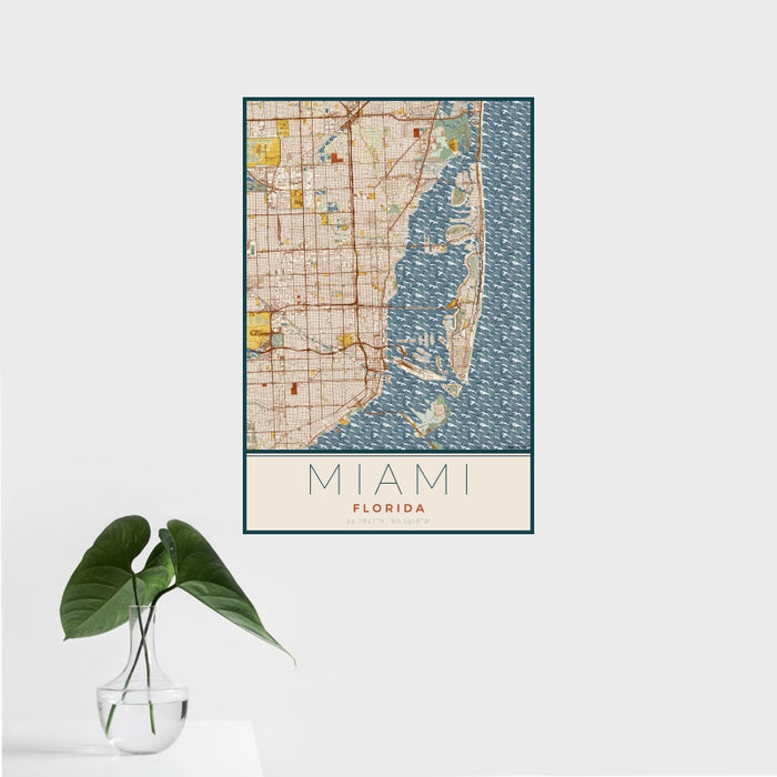 16x24 Miami Florida Map Print Portrait Orientation in Woodblock Style With Tropical Plant Leaves in Water