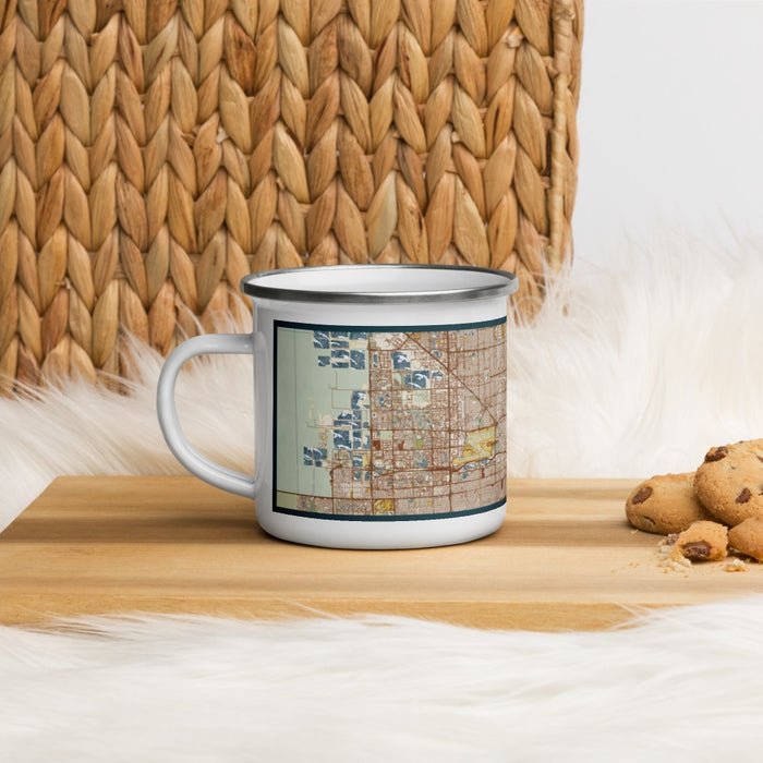 Left View Custom Miami Florida Map Enamel Mug in Woodblock on Table Top
