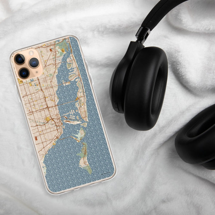 Custom Miami Florida Map Phone Case in Woodblock on Table with Black Headphones