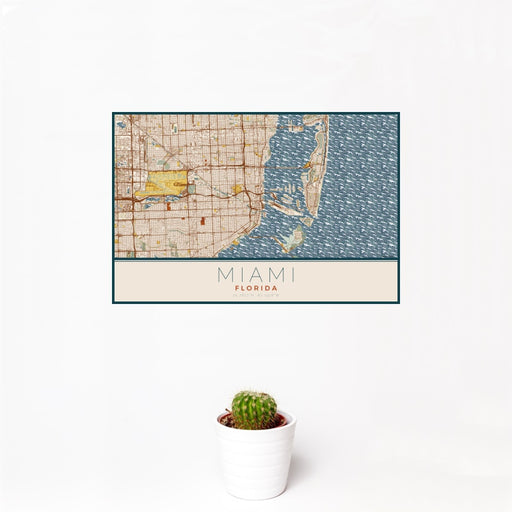 12x18 Miami Florida Map Print Landscape Orientation in Woodblock Style With Small Cactus Plant in White Planter