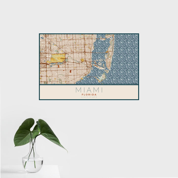 16x24 Miami Florida Map Print Landscape Orientation in Woodblock Style With Tropical Plant Leaves in Water