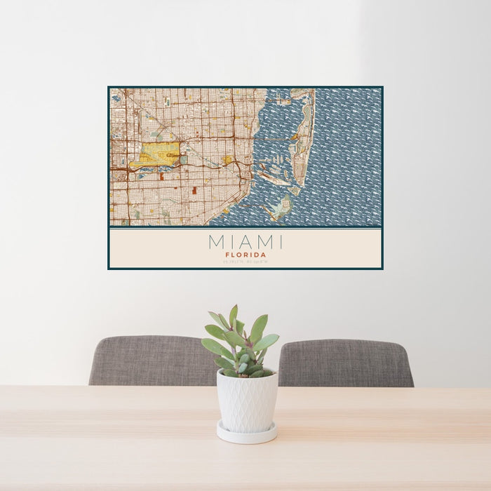 24x36 Miami Florida Map Print Landscape Orientation in Woodblock Style Behind 2 Chairs Table and Potted Plant