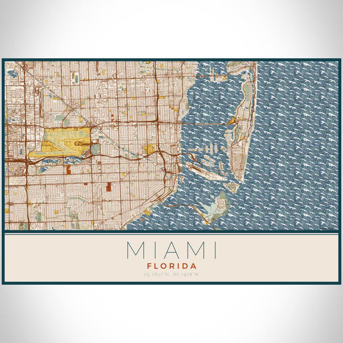 Miami Florida Map Print Landscape Orientation in Woodblock Style With Shaded Background