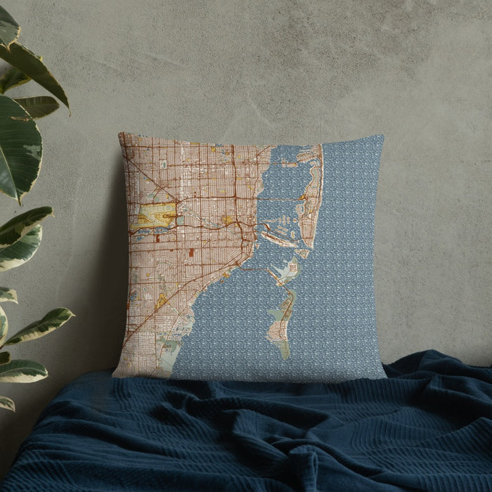 Custom Miami Florida Map Throw Pillow in Woodblock on Bedding Against Wall