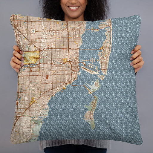 Person holding 22x22 Custom Miami Florida Map Throw Pillow in Woodblock