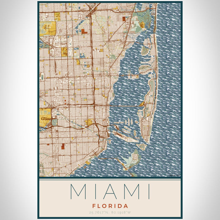 Miami Florida Map Print Portrait Orientation in Woodblock Style With Shaded Background