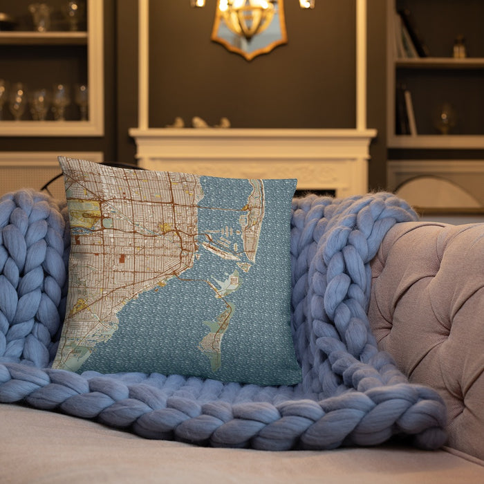 Custom Miami Florida Map Throw Pillow in Woodblock on Cream Colored Couch