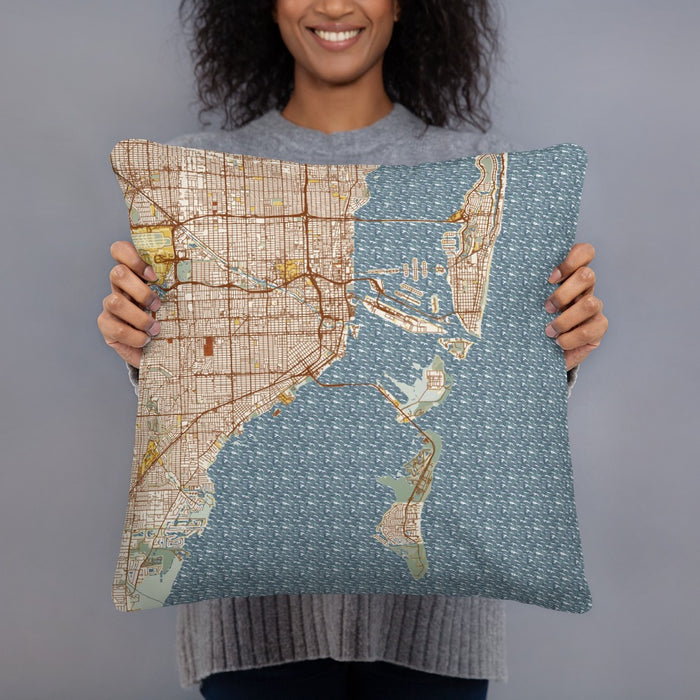 Person holding 18x18 Custom Miami Florida Map Throw Pillow in Woodblock