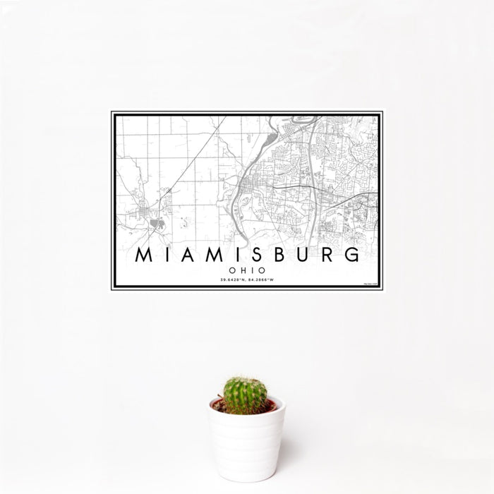 12x18 Miamisburg Ohio Map Print Landscape Orientation in Classic Style With Small Cactus Plant in White Planter