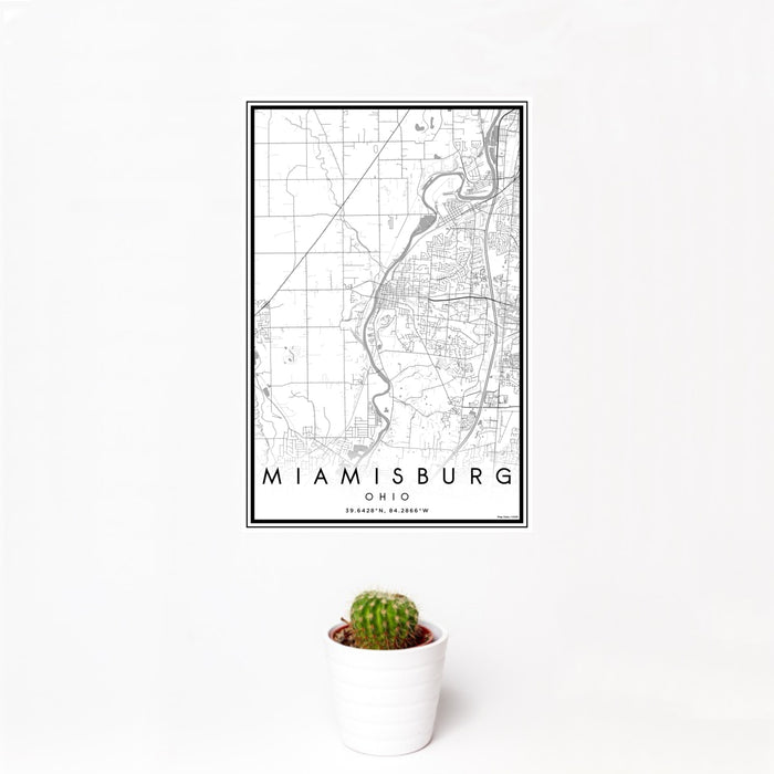 12x18 Miamisburg Ohio Map Print Portrait Orientation in Classic Style With Small Cactus Plant in White Planter