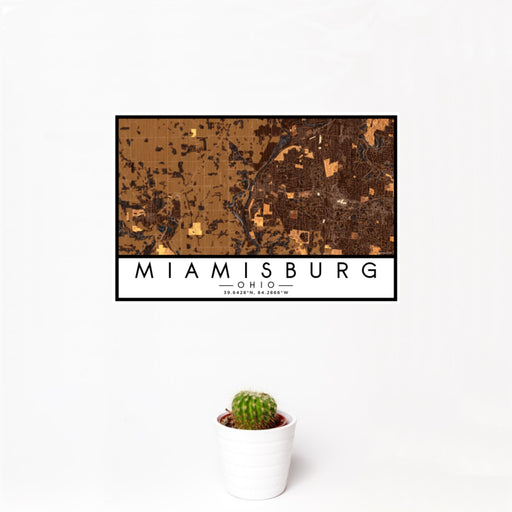 12x18 Miamisburg Ohio Map Print Landscape Orientation in Ember Style With Small Cactus Plant in White Planter